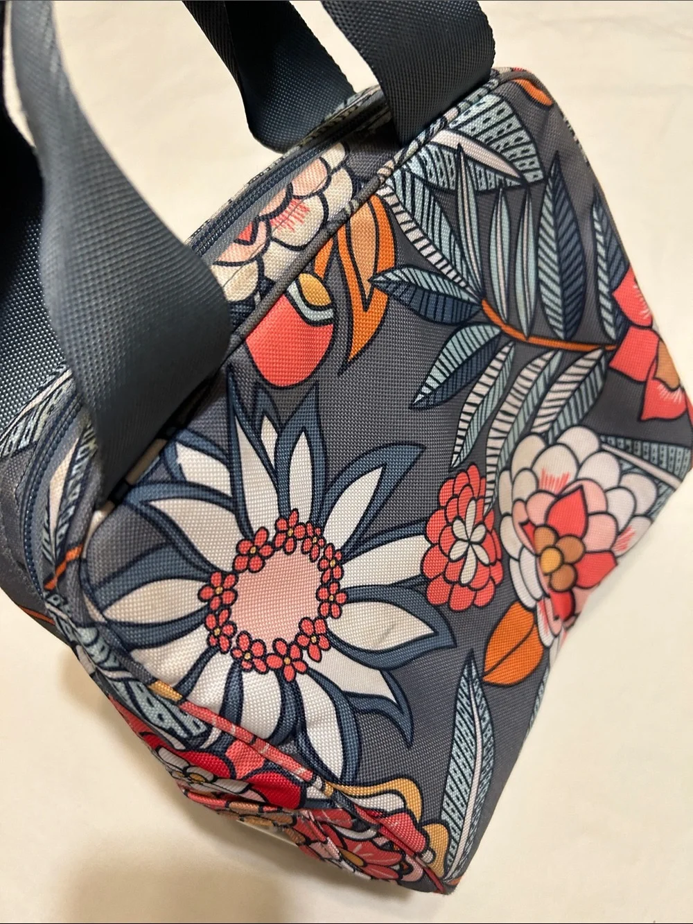 Vera Bradley Gray Floral Cosmetic Case with Red and Orange Accents